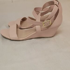 FIONI  Blush Strappy Wedge Sandals with Gold Buckle
